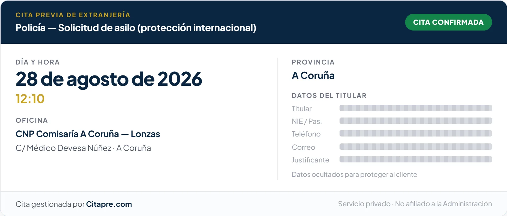 Justificante de una cita de solicitud de asilo conseguida en A Coruña (Comisaría de Lonzas)