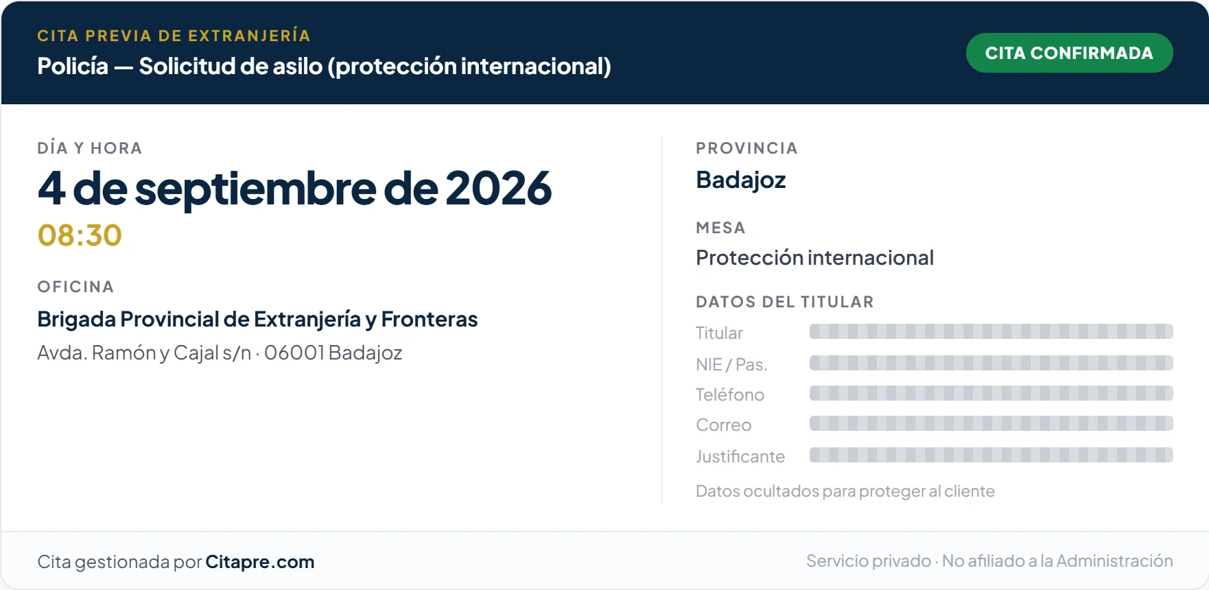 Justificante de una cita de solicitud de asilo conseguida en Badajoz