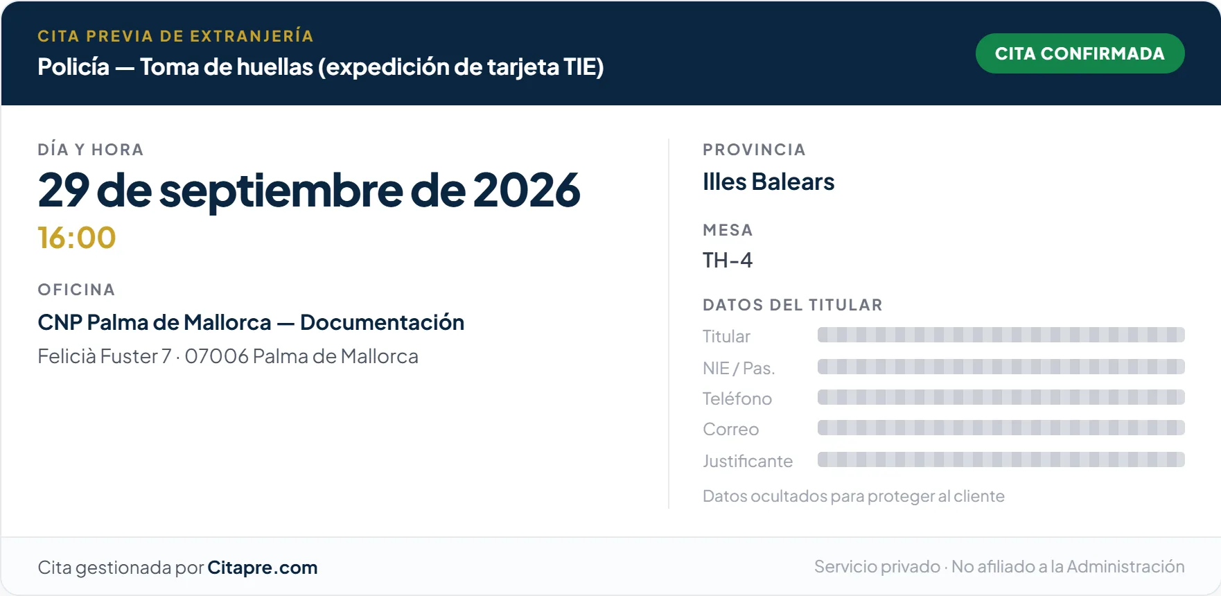 Justificante de una cita de toma de huellas conseguida en Palma de Mallorca (Illes Balears)