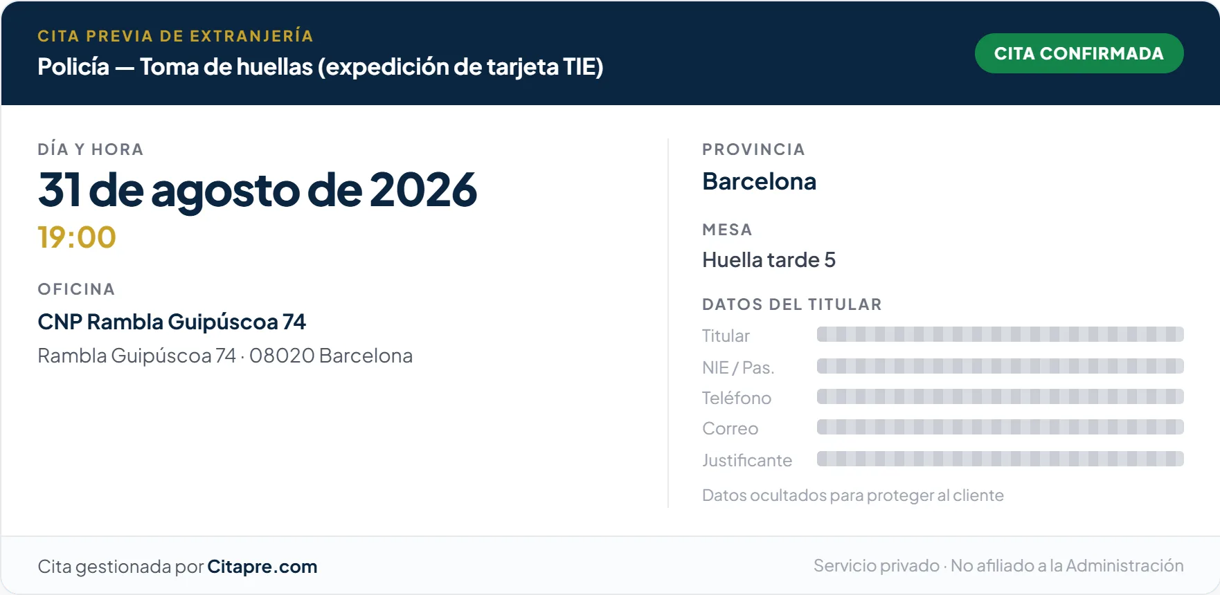 Justificante de cita de toma de huellas conseguida en Barcelona