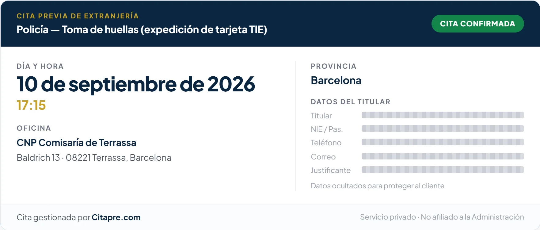 Justificante de una cita de toma de huellas conseguida en Terrassa, provincia de Barcelona (CNP Comisaría de Terrassa)