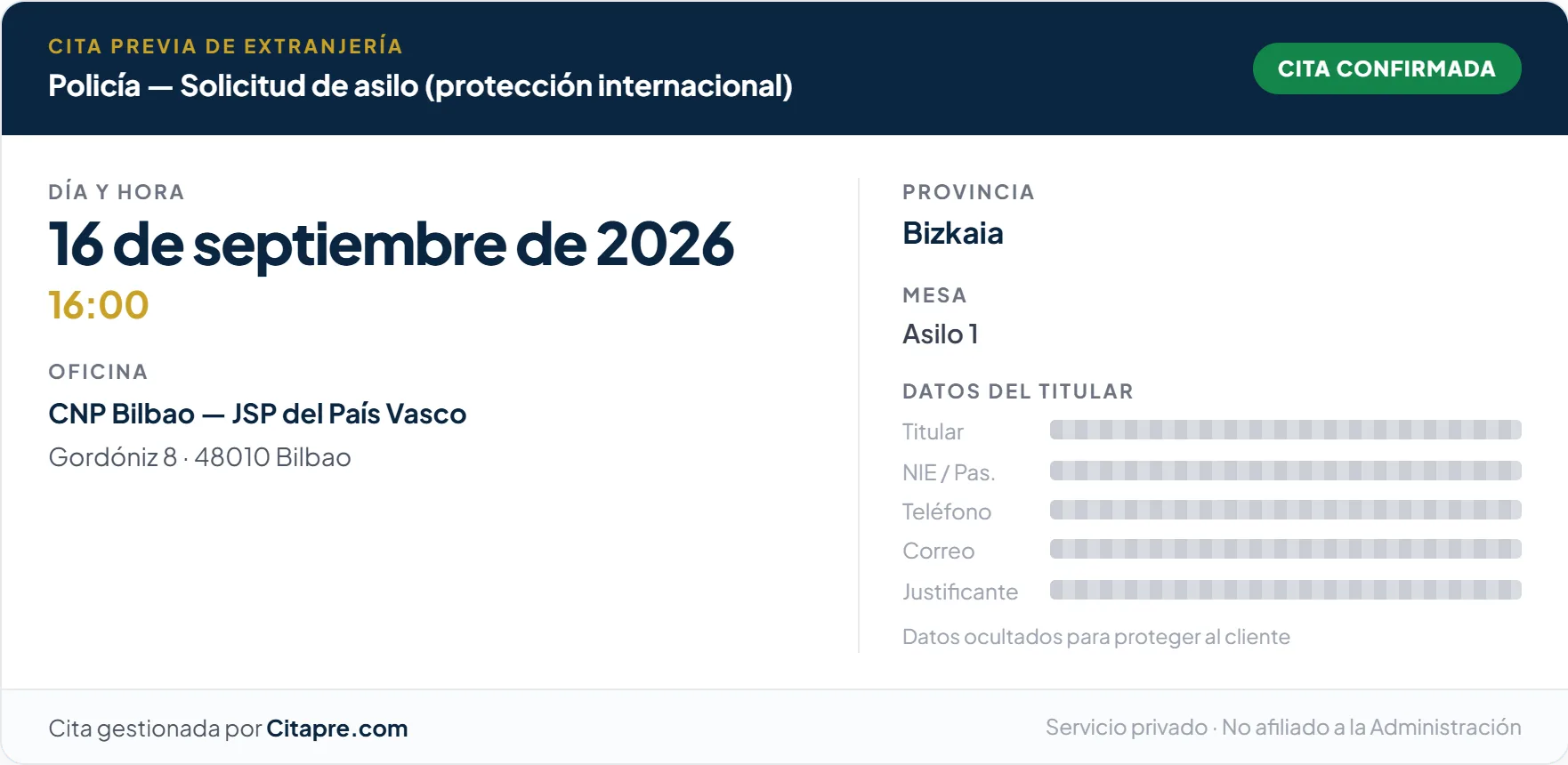 Justificante de cita de solicitud de asilo conseguida en Bilbao