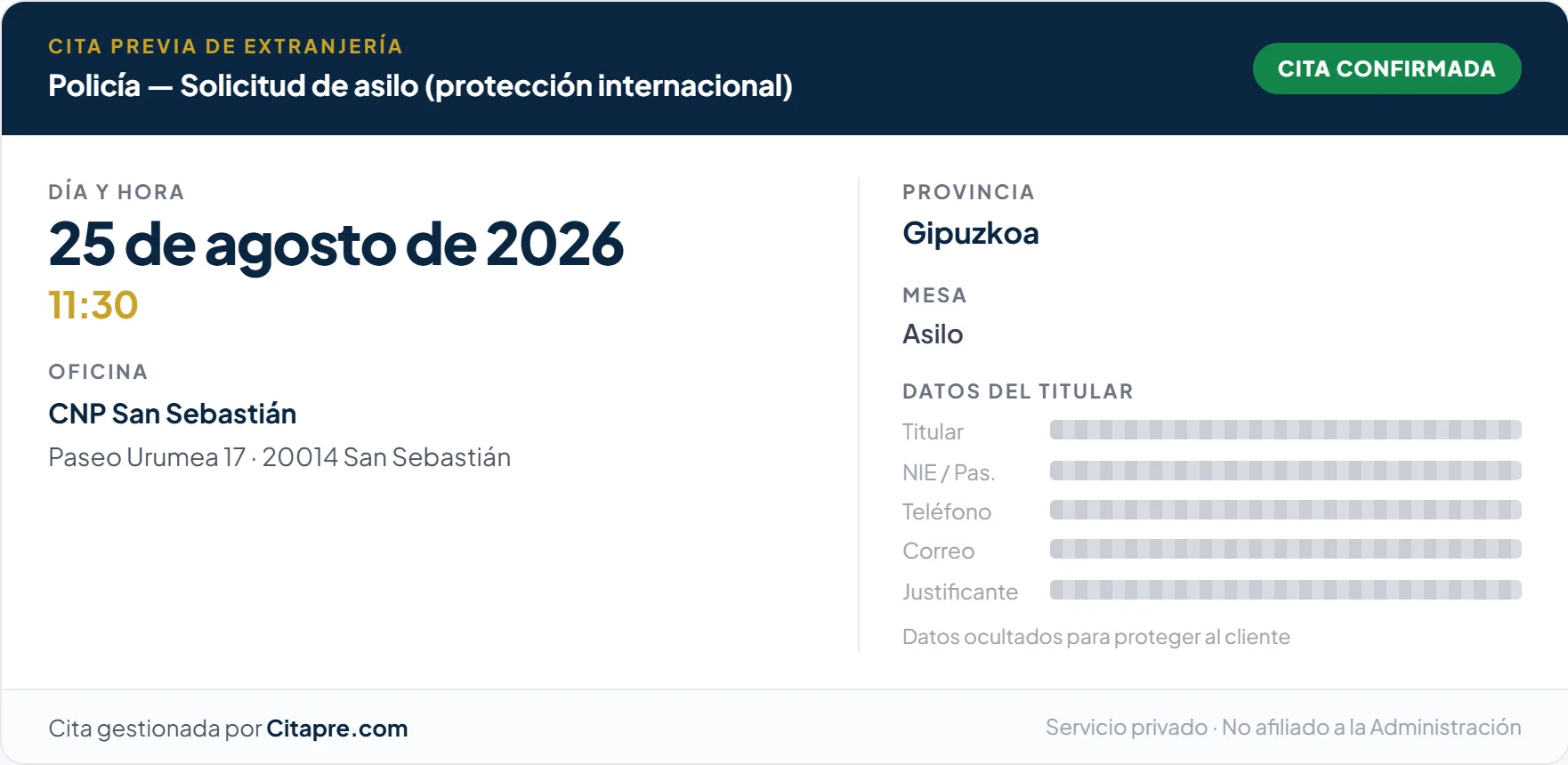 Justificante de una cita de solicitud de asilo conseguida en San Sebastián (Gipuzkoa)