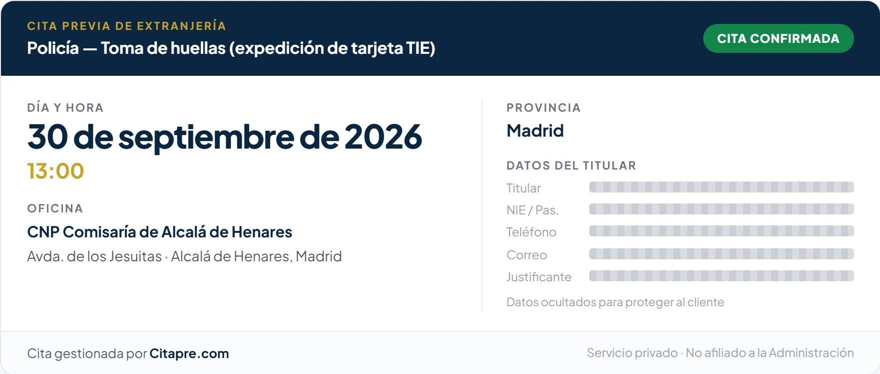 Justificante de cita de toma de huellas conseguida en Madrid