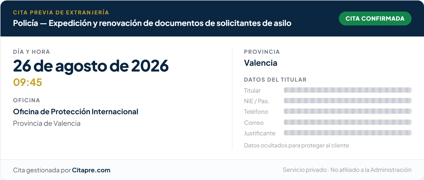 Justificante real de cita de asilo en Valencia